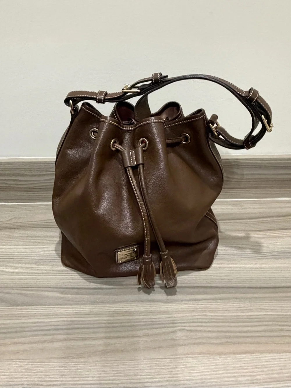 Dooney & Bourke Chocolate Brown Leather Drawstring Bucket Bag